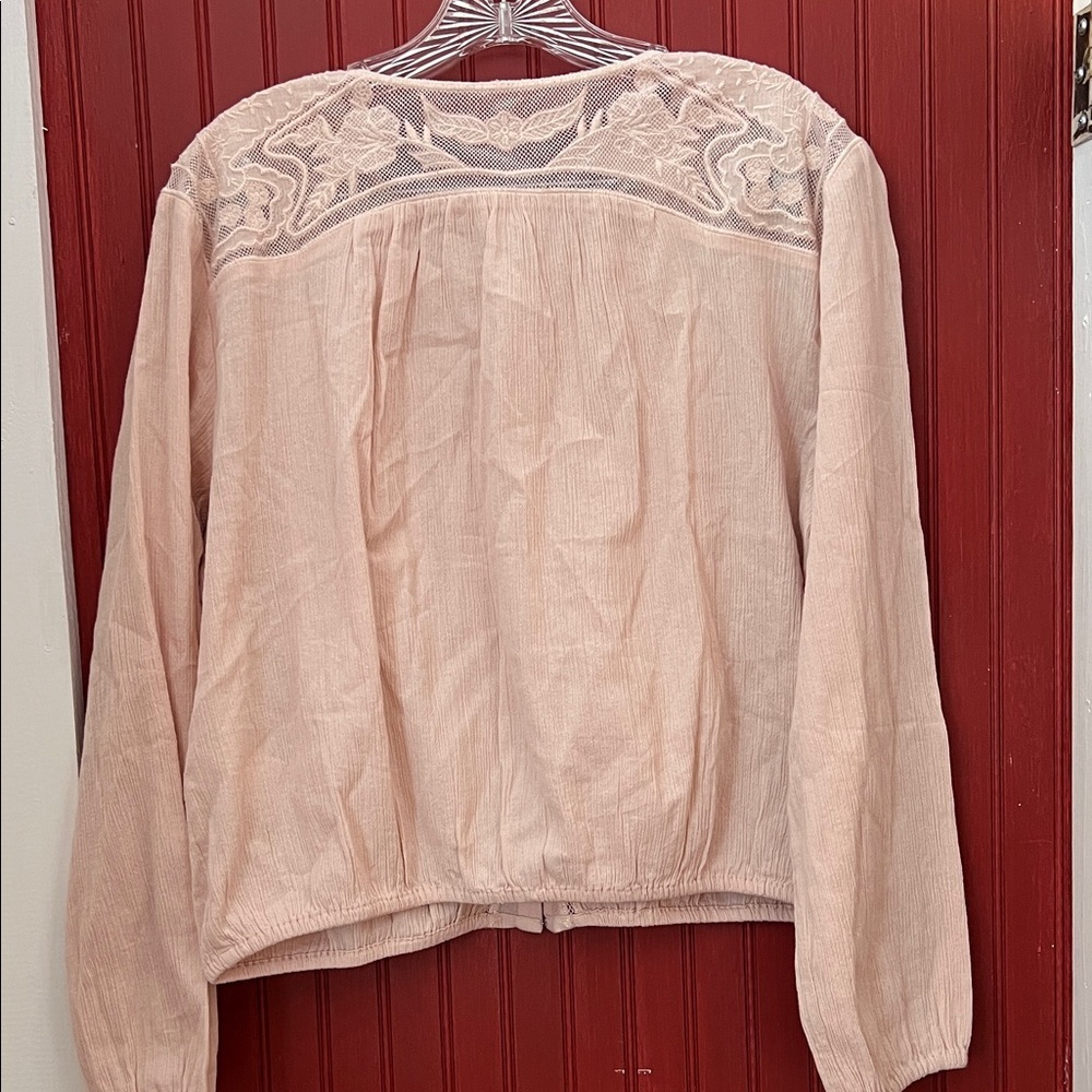 Lucky Brand Long Sleeve Pintuck Bubble Top Blouse Pink Lace L - Picture 5 of 10